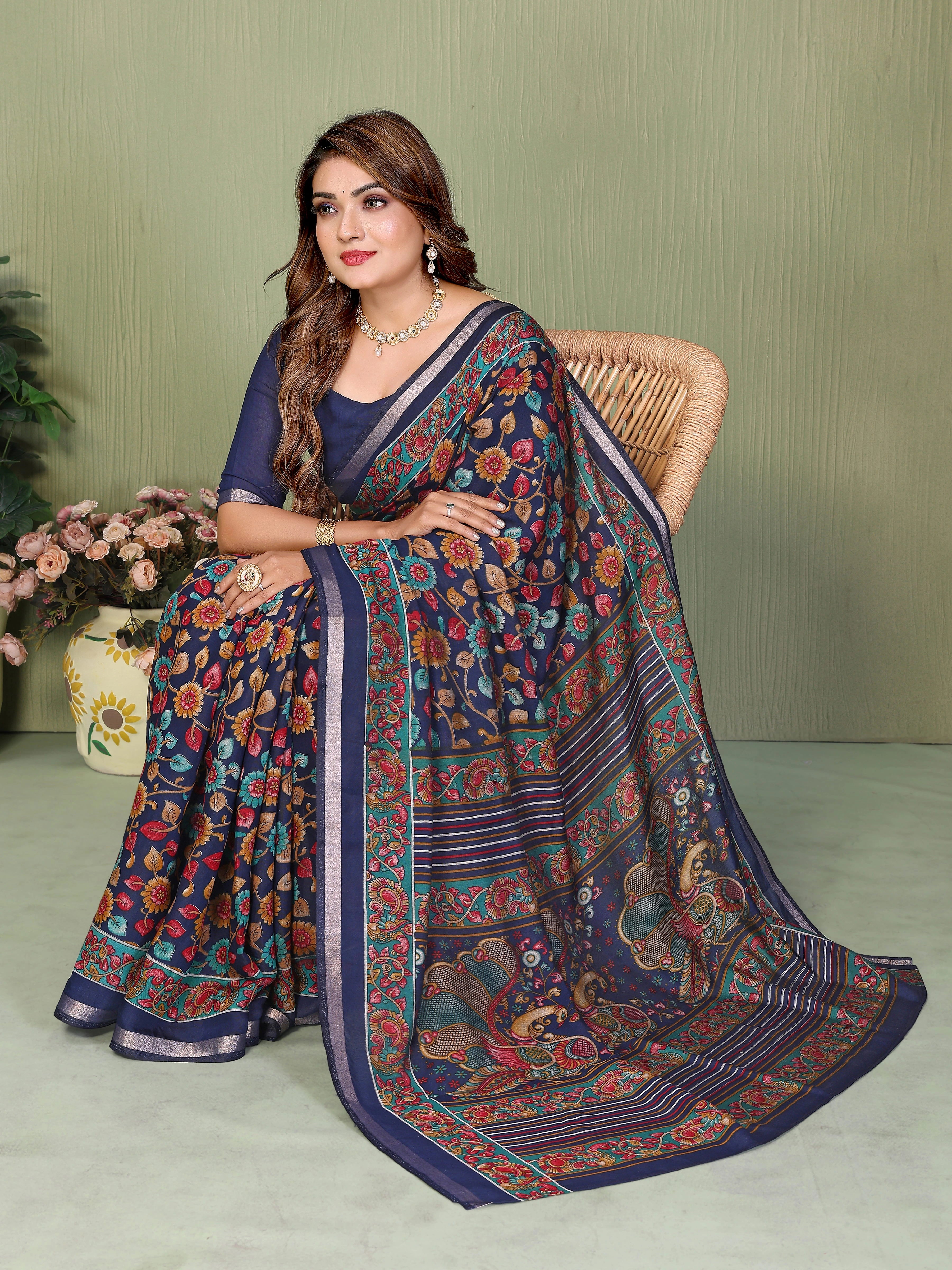 Navy Blue Kalamkari Print Mul Cotton Saree - kalyanja